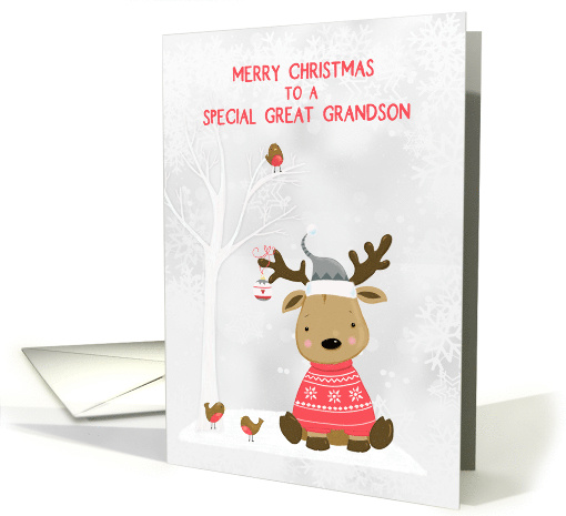 For Great Grandson Christmas Reindeer with Birds Snow Scene card
