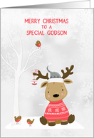 For Godson Christmas Reindeer with Birds Snow Scene card