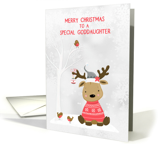 For Goddaughter Christmas Reindeer with Birds Snow Scene card