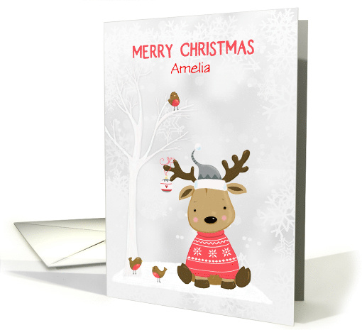 Customize Christmas Reindeer with Birds Snow Scene card (1579382)