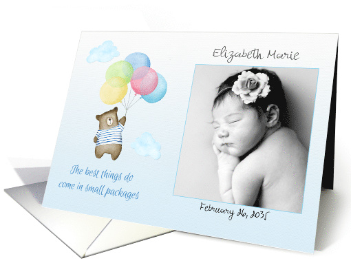 New Baby Photo Announcement Bear with Balloons in the Clouds card