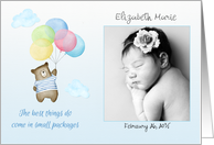 New Baby Photo Announcement Bear with Balloons in the Clouds card