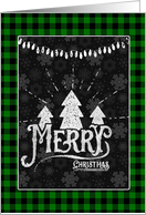 Green Plaid with White Merry Christmas, Trees and String of Lights card