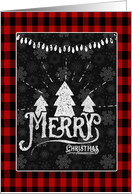 Red Plaid with White Merry Christmas, Trees and String of Lights card