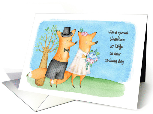 For Grandson & Wife Whimsical Wedding Day Foxes card (1593230)