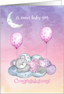 Congratulations New Baby Girl Sleeping Bear Cloud with Moon & Stars card