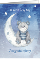 Congratulations New Baby Boy Bear Sitting on Moon with Stars card