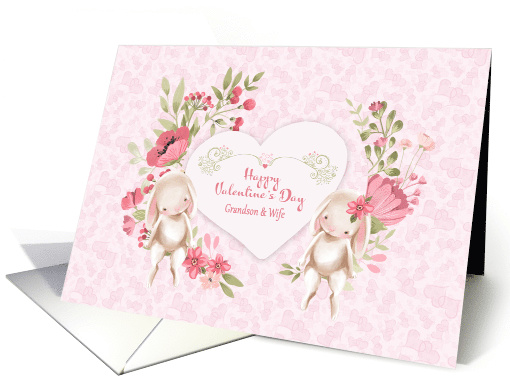 For Grandson & Wife Valentine's Day, Bunnies and Pink Flowers card