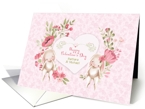 Customize Names for Valentine's Day, Bunnies and Pink Flowers card