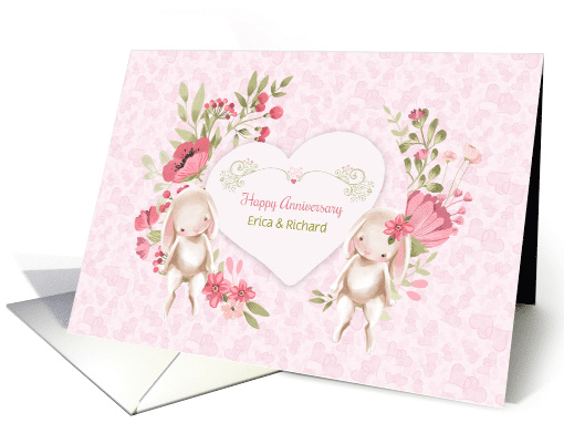 Customize Names Wedding Anniversary with Bunnies and Flowers card
