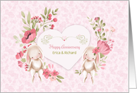 Customize Names Wedding Anniversary with Bunnies and Flowers card