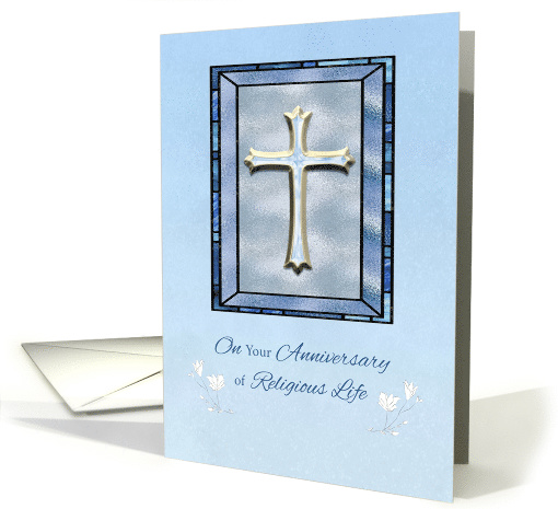Christian Anniversary Religious Life Stained Glass, Blue Cross card