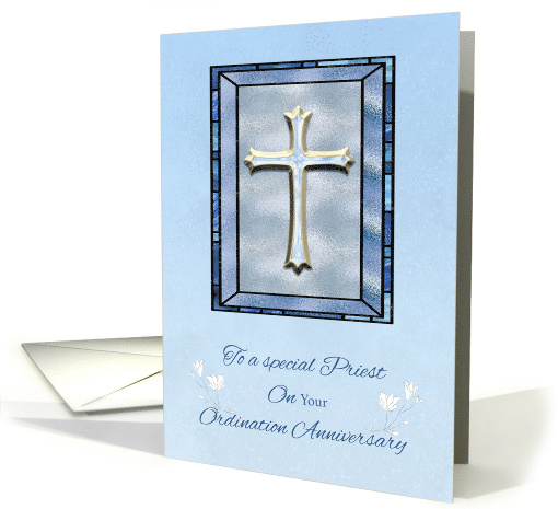 Priest Anniversary Religious Life Stained Glass, Blue Cross card