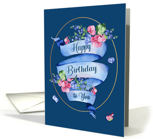 Classic Blue Birthday Ribbon with Flowers and Gold... (1598400)