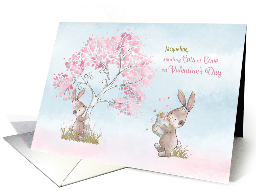 Customtized Valentines Day with Bunnies & Tree with Hearts card
