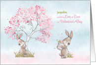 Customtized Valentines Day with Bunnies & Tree with Hearts card