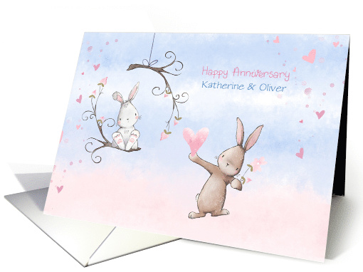 Customize Names Wedding Anniversary with Bunnies and Hearts card