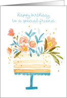 For Friend Birthday Cake Topped with Flowers card