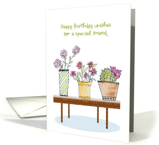 For Friend Birthday Wishes Watercolor Potted Plants & Flowers card
