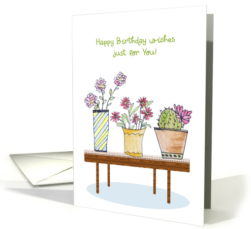 Birthday Wishes with Watercolor Potted Plants & Flowers card (1612486)