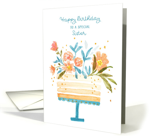 For Sister Birthday Cake Topped with Flowers card (1612886)