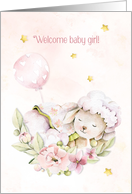 Welcome Baby Girl with Pink Lamb, Flowers and Balloon card