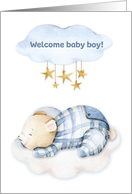 Welcome Baby Boy with Sleeping Bear, Clouds and Stars card