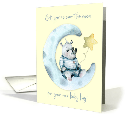 New Baby Boy Congratulations with Cute Rhino on Crescent Moon card