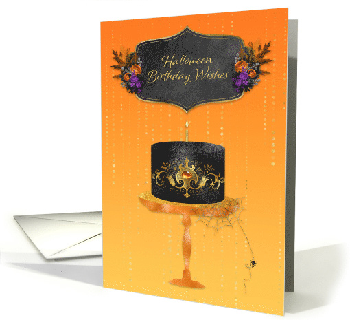 Halloween Birthday with Black Cake, Chalkboard Sign and Flowers card