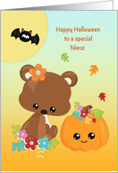 For Niece at Halloween Bear, Pumpkin, Moon and Bat card