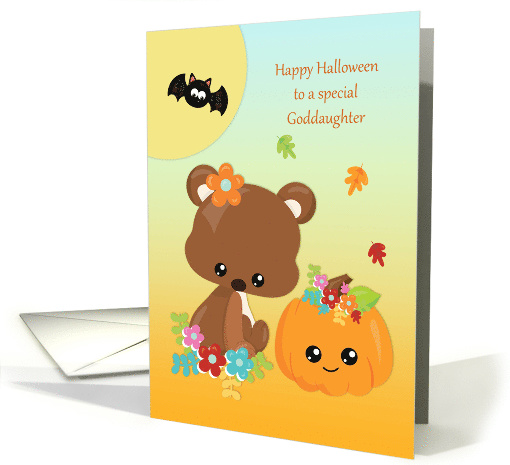 For Goddaughter at Halloween Bear, Pumpkin, Moon and Bat card
