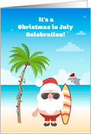Christmas in July Invitation with Santa on Beach, Palm Tree & Dolphin card