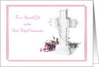 First Communion for Girl with Cross, Rosary Beads, Flowers card