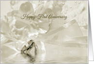 First Anniversary Wedding Rings Ribbon and Flowers card