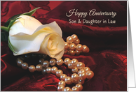 Son Daughter-in-Law Anniversary White Rose and Pearls on Satin card