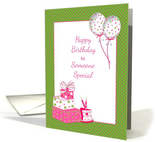 Birthday Gifts with Cake and Balloons Pink Polka Dots card (540673)