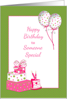 Birthday Gifts with Cake and Balloons Pink Polka Dots card