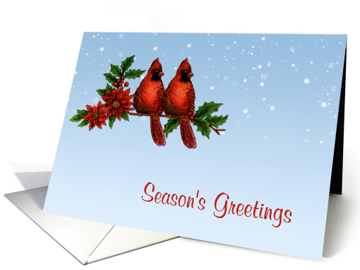 Red Cardinals, Poinsettias, Snow, Season's Greetings card (868375)