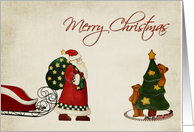Merry Christmas, Santa Claus, Christmas Tree, Bears, Vintage Look card