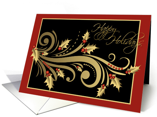 Happy Holidays, Elegant Gold Holly Flourish card (876673)