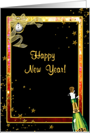 Happy New Year, Champagne, Clock, Stars card