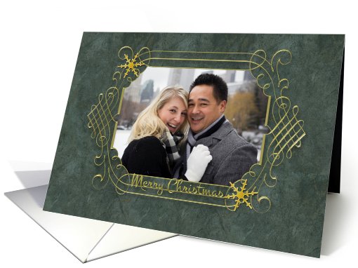 Gold Scroll Frame, Green Marble Look, Holiday Photo Frame card