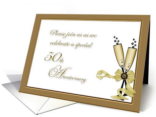 50th Wedding Anniversary Party, Gold Champagne Glasses card (882837)