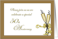 50th Wedding Anniversary Party, Gold Champagne Glasses card