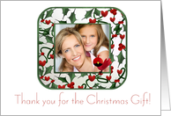 Thank You, Christmas Gift, Holly, Red Bird Photo Card
