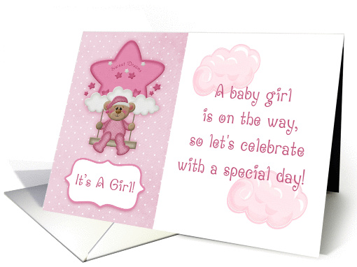 Pink Teddy Bear, Baby Girl Shower Invitation card (890571)