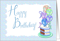 Happy Birthday, Blue Cake, Balloons, Polka Dots card
