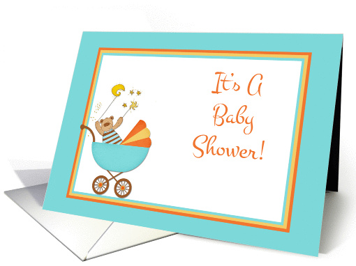 Baby Carriage, Bear Blue Baby Shower Invitation card (900566)