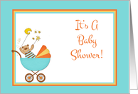 Baby Carriage, Bear Blue Baby Shower Invitation card