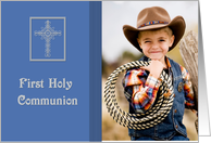 First Holy Communion, Silver Cross, Blue Photo Card Invitation card